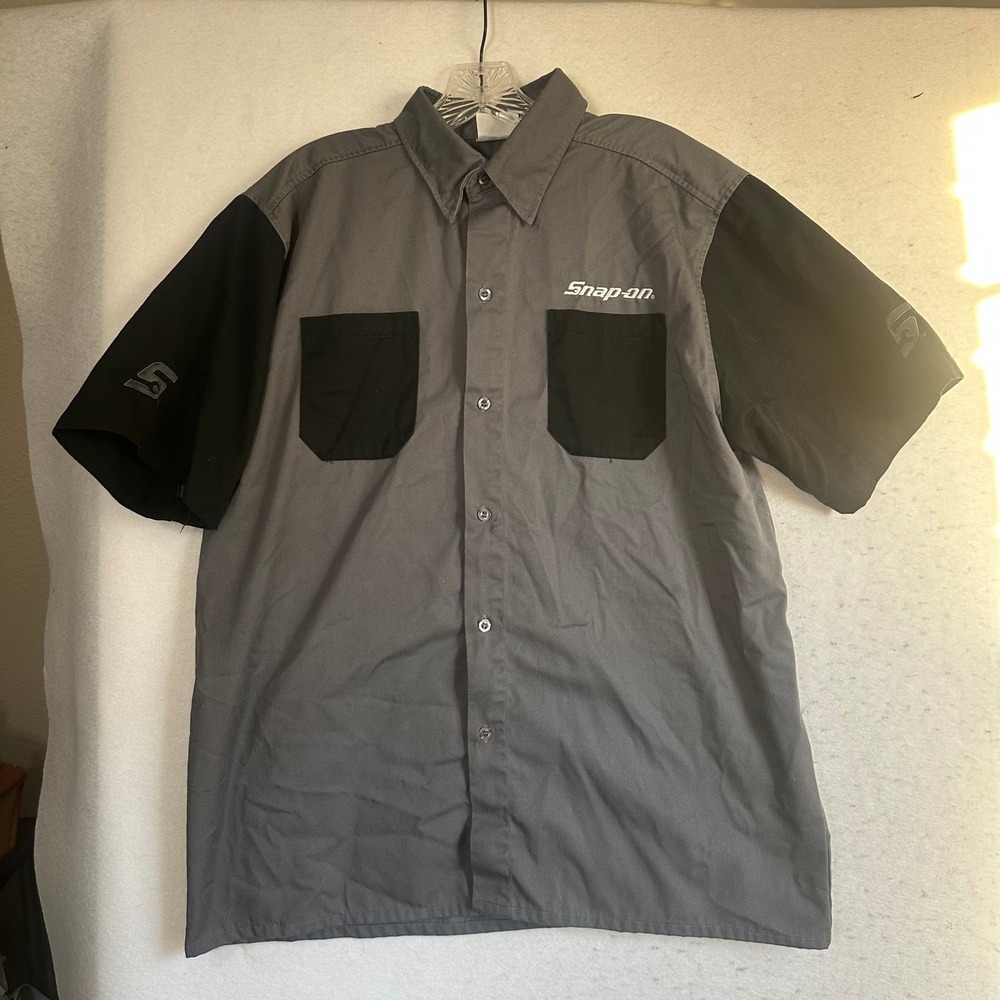 Snap-on Tools Monster Power Work Shirt Mens Large Gray Black Button Up Mechanic